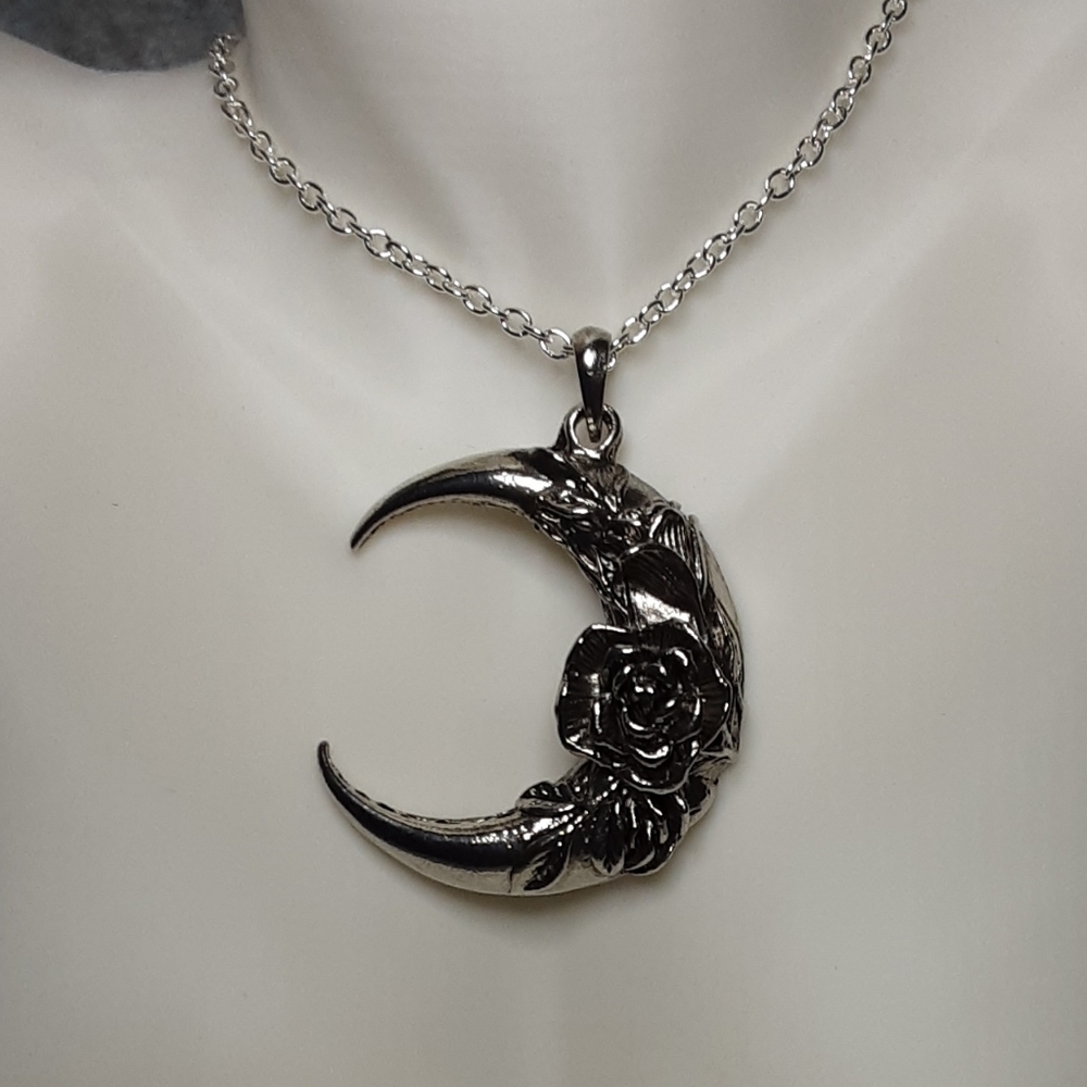 Handcrafted Silvertone Quarter Moon Necklace - Picture 2 of 5